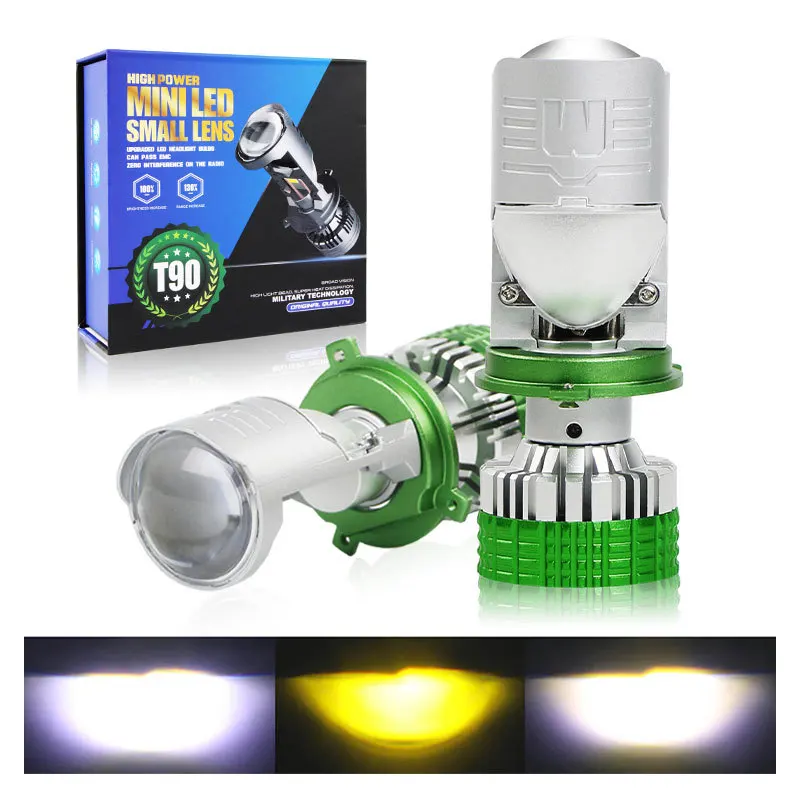 T90 H4 Tri-Color LED Projector Headlight Laser Bi-Beam Retrofit Super Bright Hi/Lo Car Front Light Accessories
