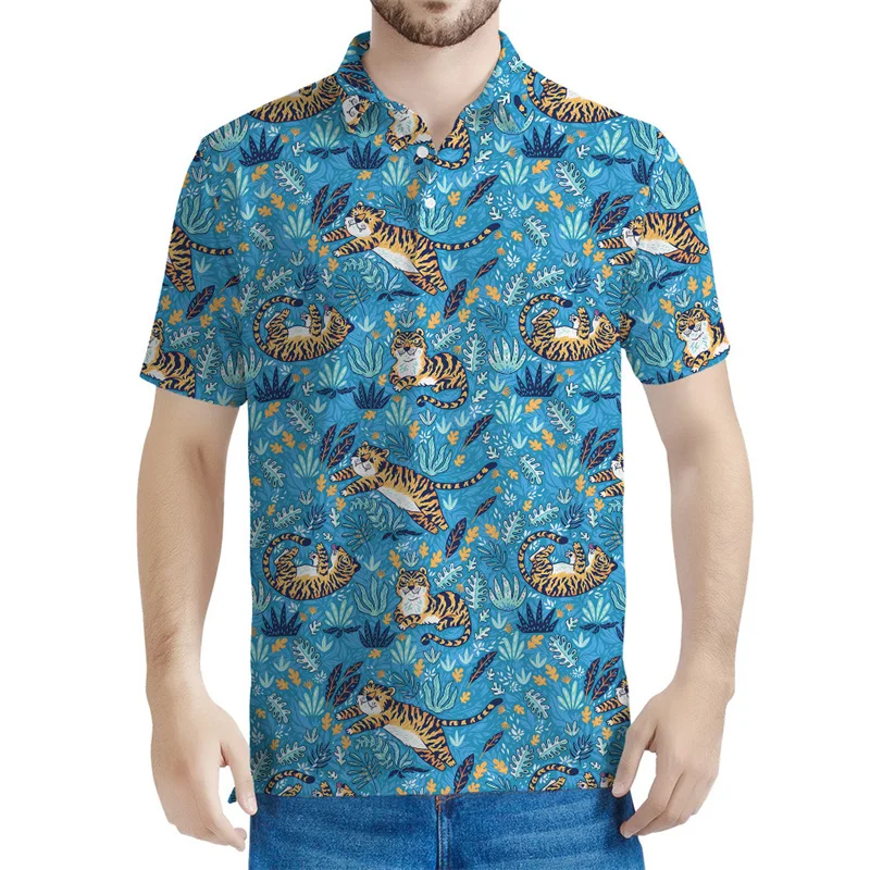 Cartoon Tiger 3D Printed Men's Polo Shirt Summer Fashion Animal Beast Pattern Short Sleeves Button Tees Lapel POLO Shirts Tops