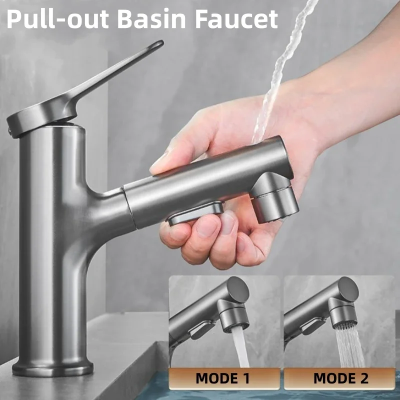 

Bathroom Sink Faucet Basin Pull Out Hot and Cold Water Pull Out Water Wash Face Multifunctional Black Gun Grey Modern Faucet