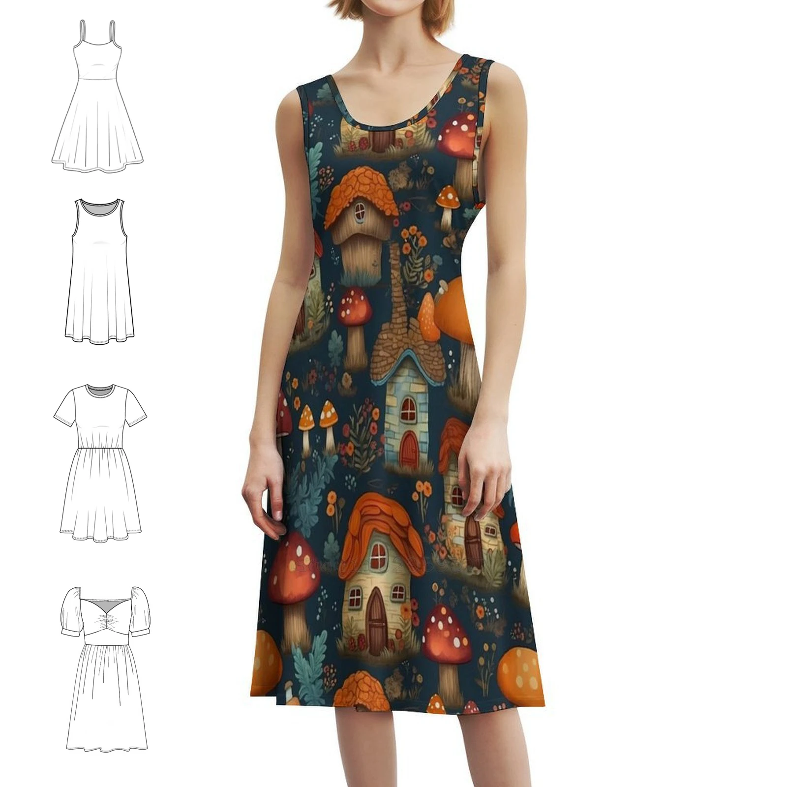فستان Dreamy Mushroom Cottage Escape-Cottagecore Fantasy على الطراز الكوري للنساء فستان كاجوال أنيق للحفلات أو الارتداء اليومي