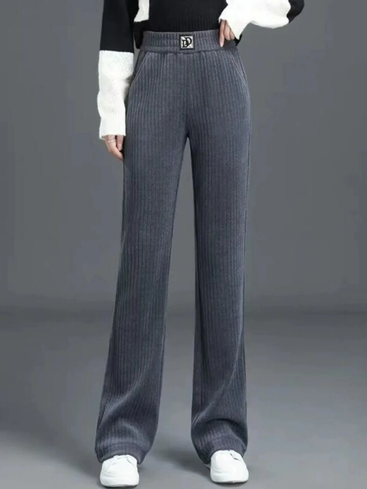 Pantalones ajustados de pierna ancha para mujer, ropa fina de chenilla Sle de cintura alta para mamá, pantalones informales de franela de tubo recto para primavera y otoño