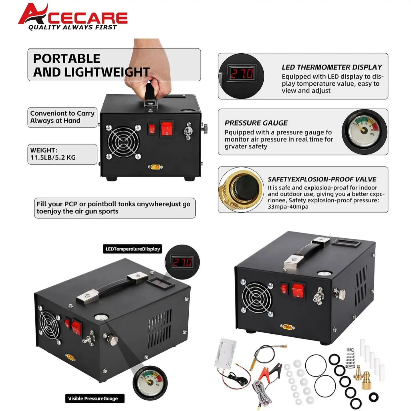 ACECARE ES061 300Bar 12V PCP Air Compressor 4500Psi Portable High Pressure Compressor with Transformer for Diving Scuba Tank