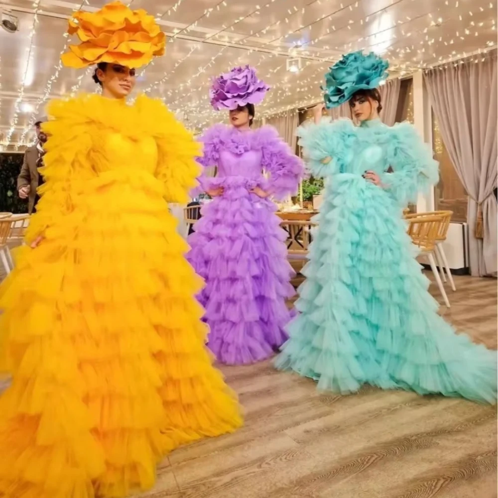 Couture Puffy Tulle Dresses Full Sleeves Gorgeous Ruffle Maxi Dress Wedding Photo Shoot A Line Prom Gowns Layered