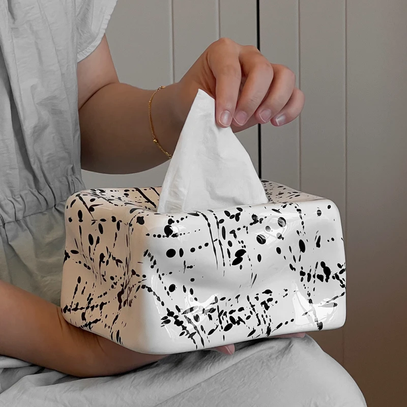 Creative Splatter Ink Ceramic Tissue Box Home Decor Tabletop Tissue Holder for Foyer Coffee Table Dining Kitchen Napkin Holder