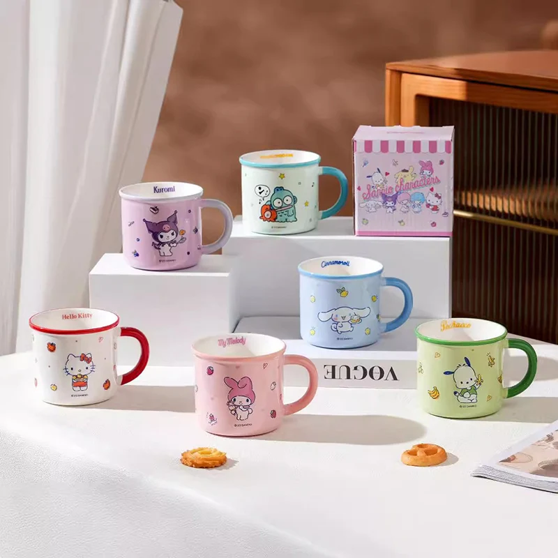 Miniso Kuromi New Ceramic Cup Kawaii Hello Kitty My Melody Cinnamoroll Handle Mug Cartoon Breakfast Coffee Cup Birthday Gifts