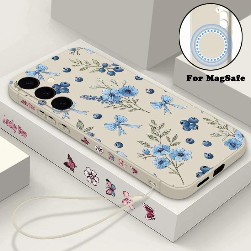 Blumen Blueberry Bow Print Magnetische Hülle für Samsung Galaxy S25 S24 FE S24 S23 S22 Ultra Plus für Magsafe Wireless Charge Cover