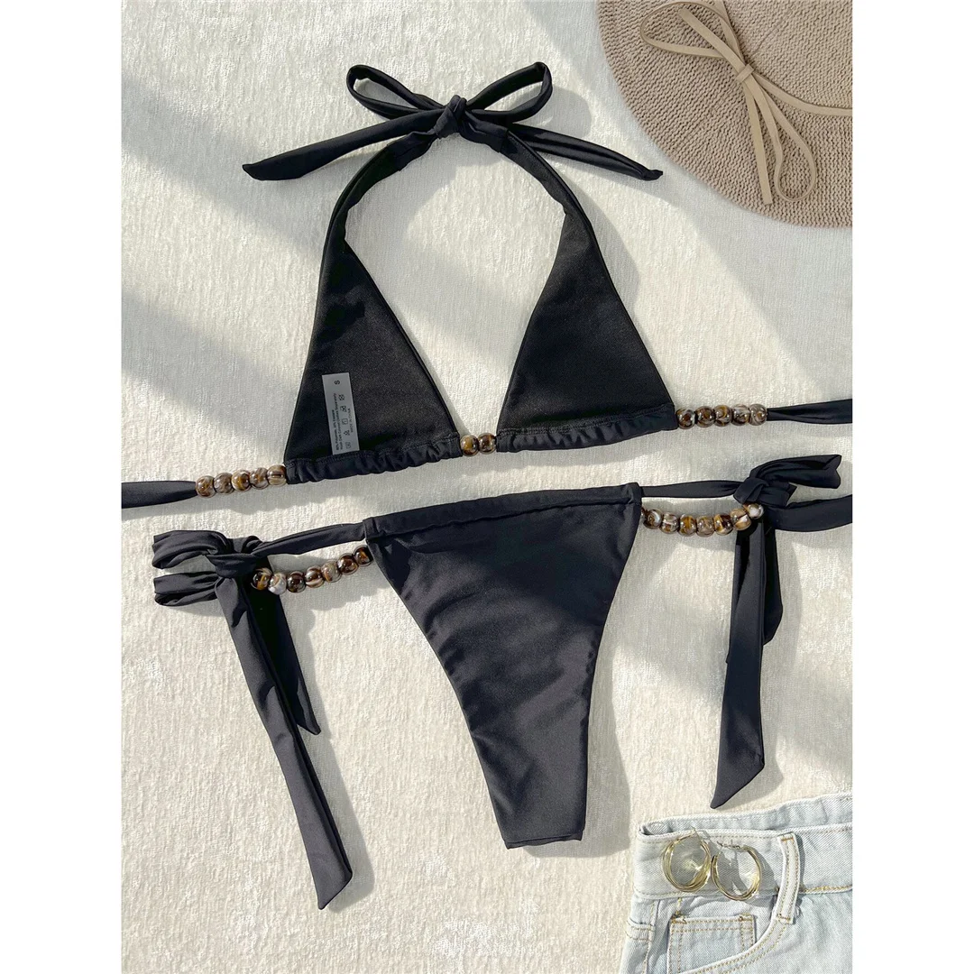 Neuer Bikini mit Perlen, Neckholder, hohem Beinausschnitt und Riemchen, Damen-Badeanzug, zweiteiliger Bikini-Set, Badebekleidung, Badeanzug, Schwimmbikini V6434 – Detail 7