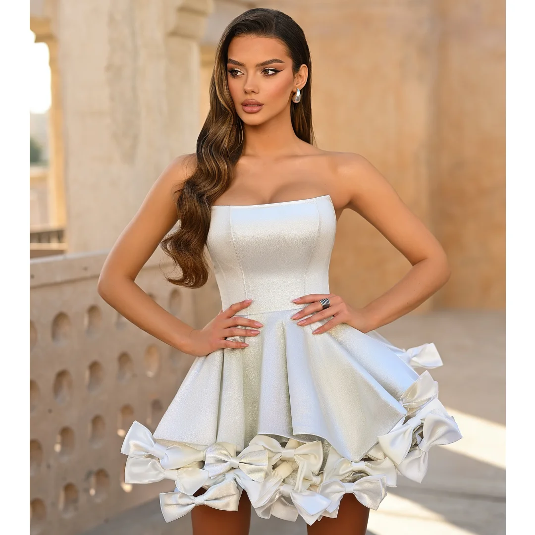 

Short Strapless Cocktail Dresses with Bow Puff Mini Skirt Prom Gown 2025 Birthday Party Dress Customized Special Occasion Gown