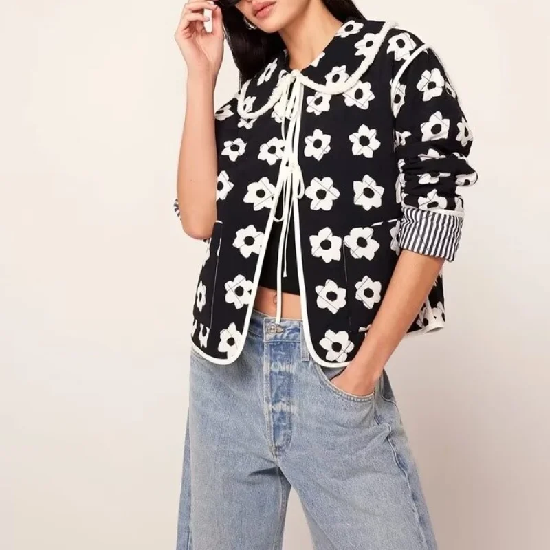 European and American style new style reversible lapel printed lace-up long-sleeved cotton jacket