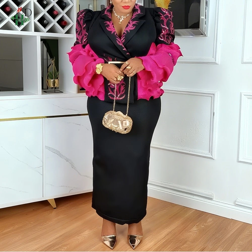 

African Dresses For Woman Turkey Dress Ruffled Sleeves Floral Embroidery Wedding Party Dress Plus Size Luxury Africa Clothing