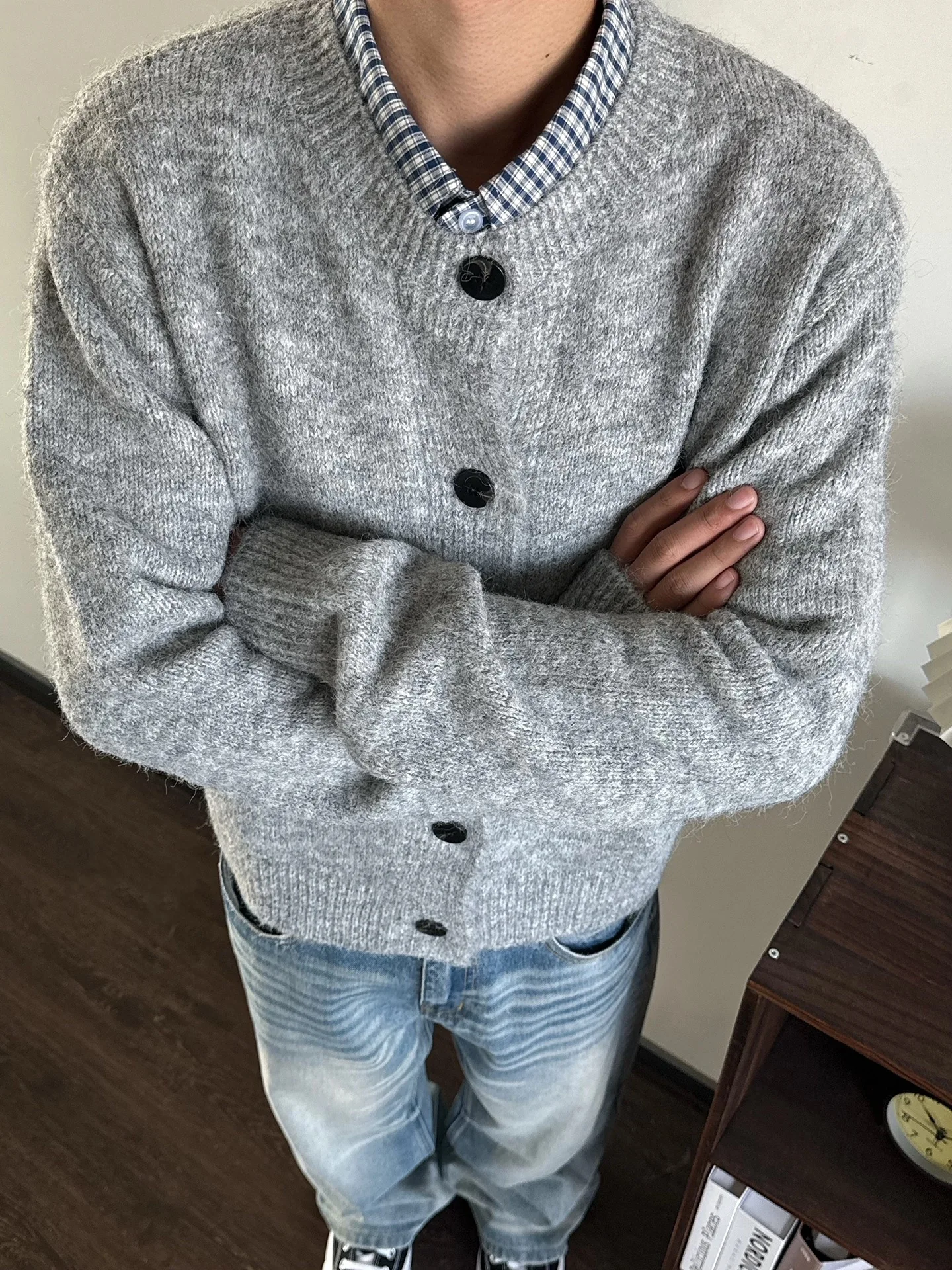 

Американский ретро Thiened круглый вязаный кардиган Ne, мужской осенне-зимний повседневный свитер, джемпер свободного покроя, длинный све, дышащий