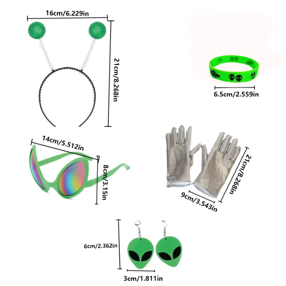 ชุดอุปกรณ์เสริมสำหรับชุดเอเลี่ยนเทศกาลอีสเตอร์: ที่คาดผมเสาอากาศสีเขียว, แว่นกันแดด, ถุงมือ, ต่างหู และสายรัดข้อมือ......– ชุดปาร์ตี้สุดสนุก