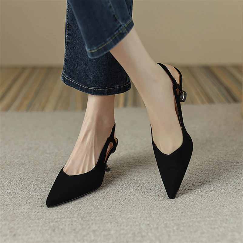 Meotina Women Genuine Leather Slingbacks Pointed Toe Mid Heel Sandals Ladies Shallow Strange Style Fashion Shoes Summer Spring