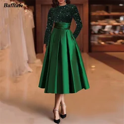 Bafftafe Green Tea-length Midi Prom Dresses Women Long Sleeves Sequin Satin Customized Formal Party Gowns Pockets Evening Dress