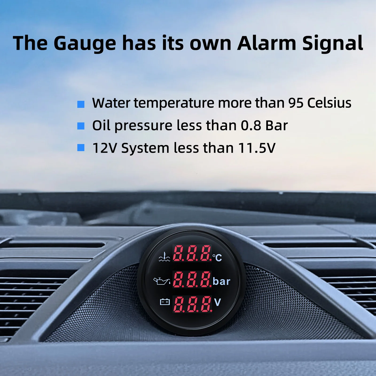 3-in-1 Digitalanzeige 52mm + Temperatursensor + Drucksensor 0~120 ℃ Wassertemperaturmesser + Öldruckmesser + Spannungsmesser mit Alarm – Detail 13