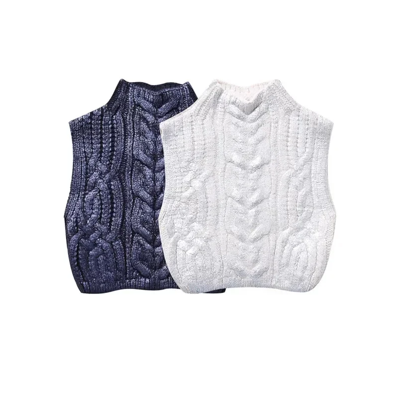 High Street Sleeveless Knitted Sweater Vest Stand-up Collar Cropped Top Fashion Metallic Color Twist Crochet Pullover For Women