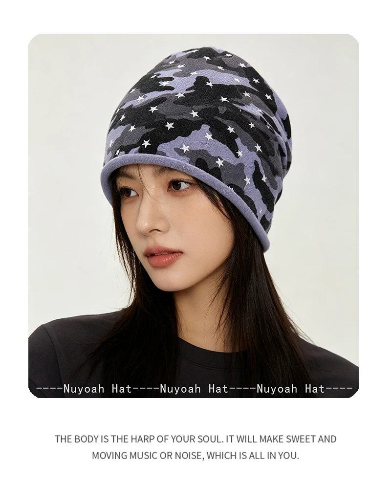 Neue Herren- und Damenmützen in Camouflage-Farben mit Sternen, locker gestrickt, warm, im amerikanischen Retro-Stil, vielseitige Outdoor-Beanies für den Alltag. – Detail 7