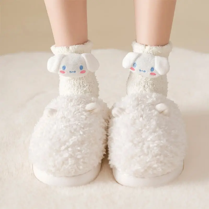 Kawaii Hello Kitty Coral Fleece Socks Anime Kuromi My Melody Lovely Girl Student Add Velvet Keep Warm Floor Mid Length Socks