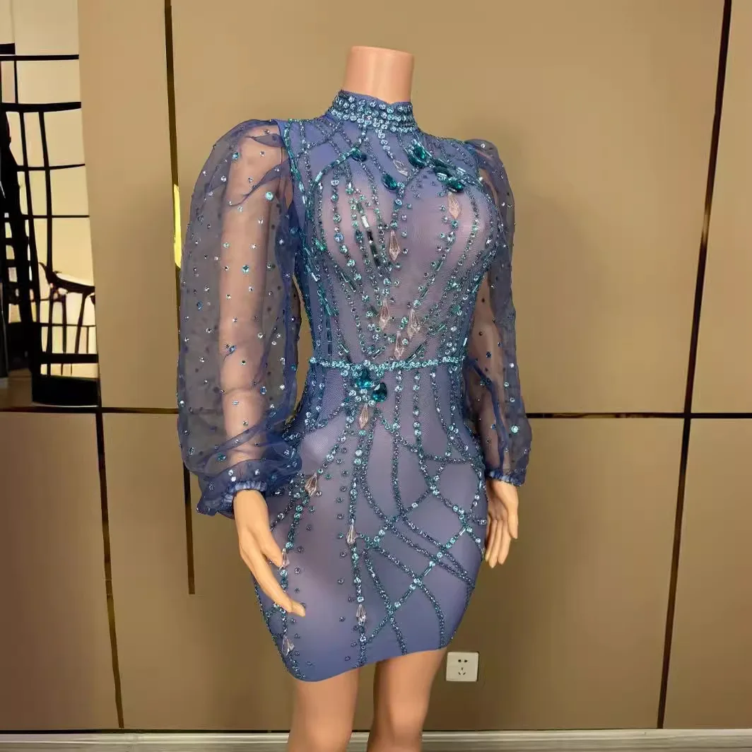 ประสิทธิภาพสีฟ้า Rhinestone แขนฟองชุดไนท์คลับปาร์ตี้ Vestido De Fiesta Grad Kleider สําหรับรองรับ