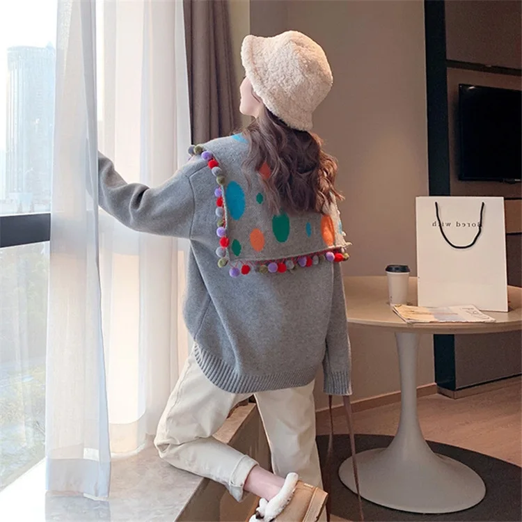 2023 Winter Sweet Cute Lapel Sweater Pullovers Women Tassel Knitted Jumpers Grey Chic Navy Style Jumpers Turn Down Collar Ball