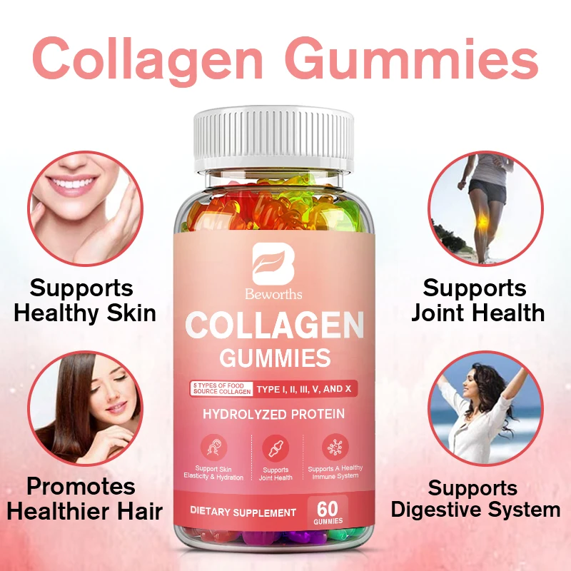 BEWORTHS Multi Collagen Complex Gummy Collagen Hydrolyzed Protein for Hair,Skin,Nails for Women & Men