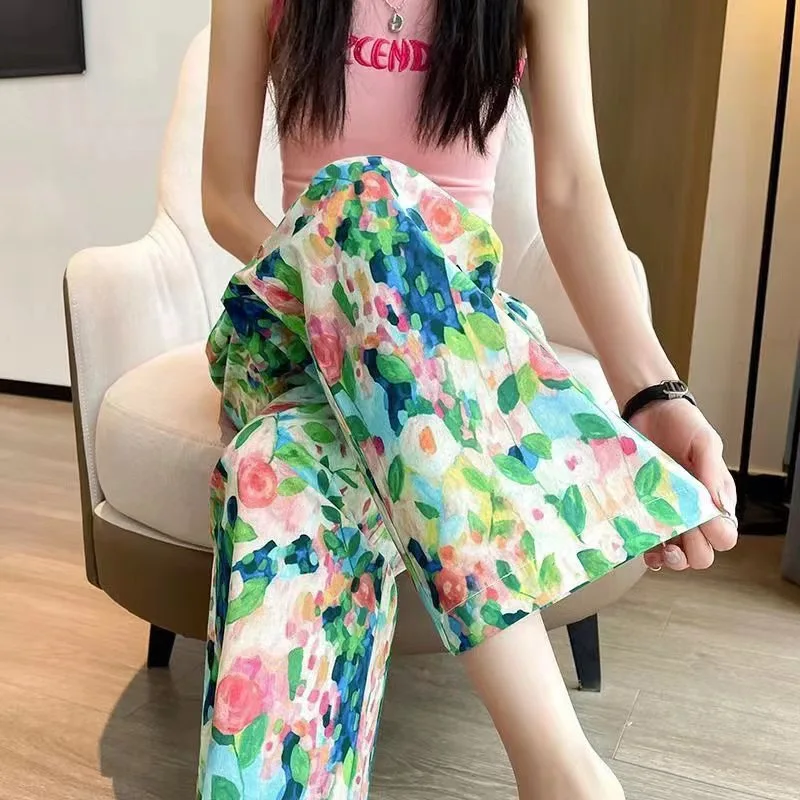 Bohemian Printed Pants Women Summer Elastic Waist Long Pant Female Casual Pockets Wide Trousers