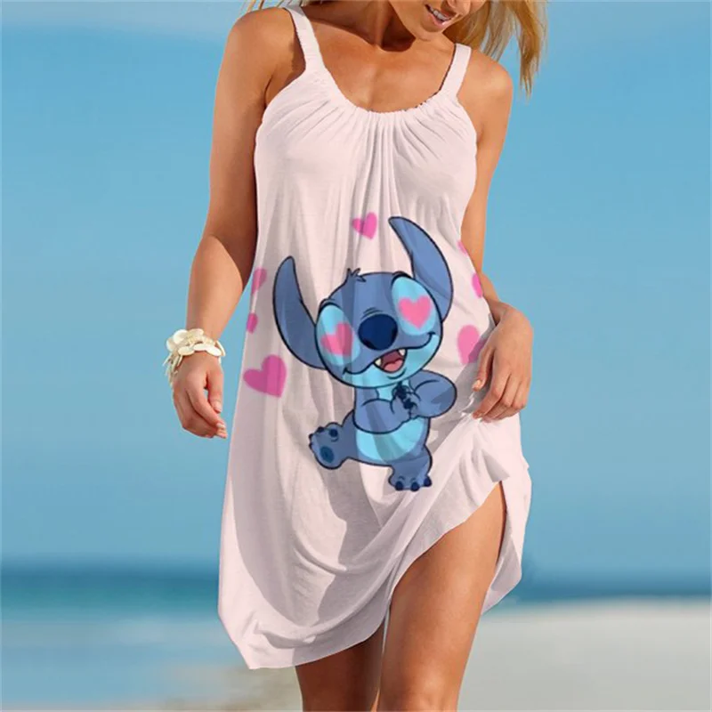 

Stitch Fashion Disney Dress Women Sleeveless Sundress Casual Polka 3D Knee Vestido Party Holiday Turtleneck Robe Longue 7