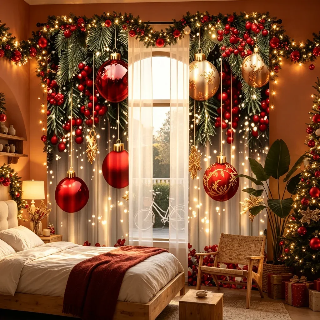 Elegant Christmas Window Curtain Set with Warm Lights and Festive Garland for Seasonal Home Decor