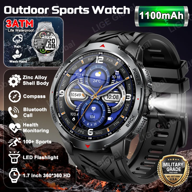 

LIGE 1100 мАч военные уличные умные часы мужские 1,7 "с большим дисплеем компас спортивные часы 3ATM водонепроницаемые Bluetooth умные часы с вызовом