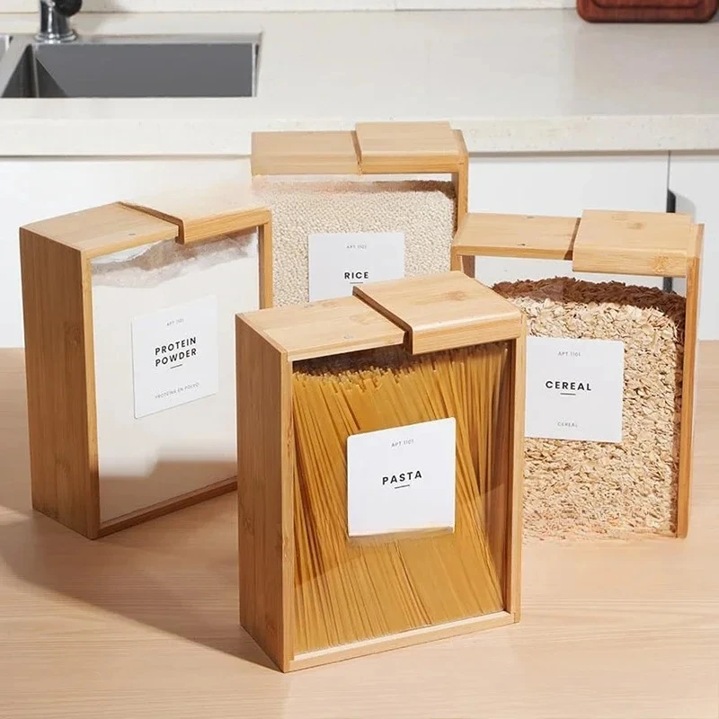 

Bamboo Wood Food Dispenser Kitchen Organizer for Pasta Cereals Sealed Pantry Storage Container with Clear Acrylic Lid