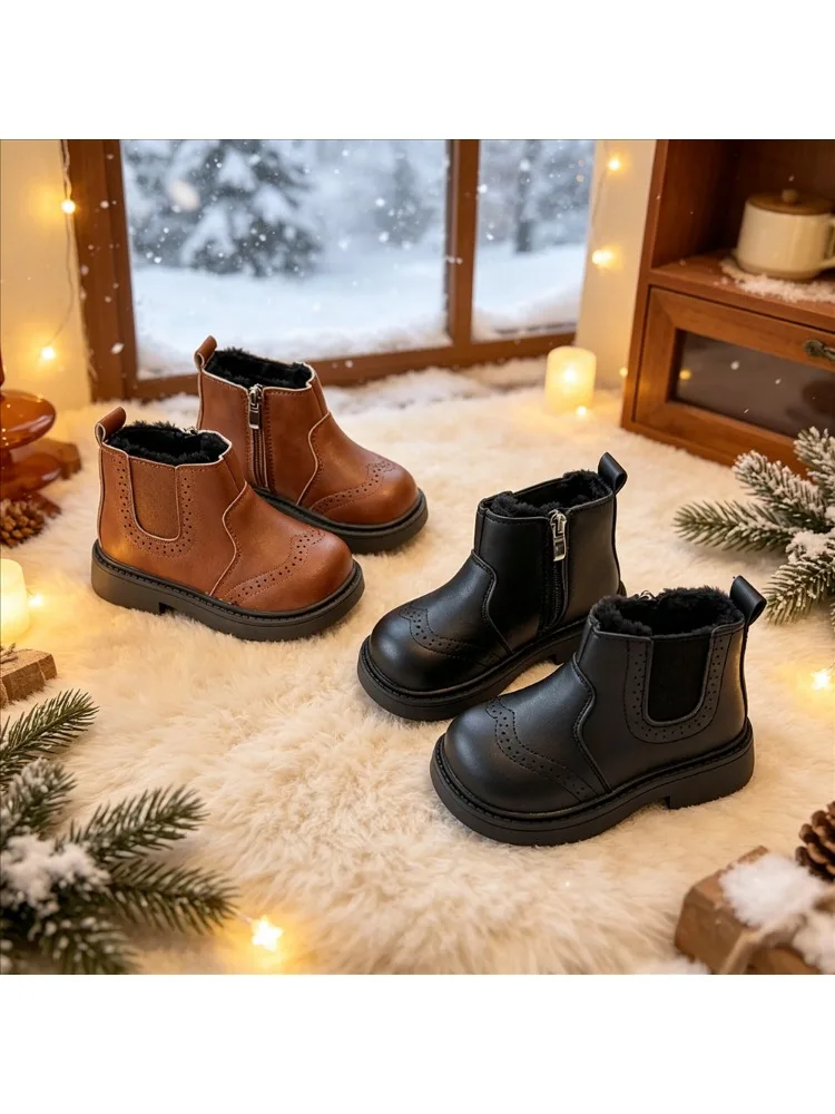 Toddler Kids Fleece Lined Ankle Boots, Side Zipper Warm Winter Shoes, Non Slip Thick Brogue Short Boots for Daily Outdoor