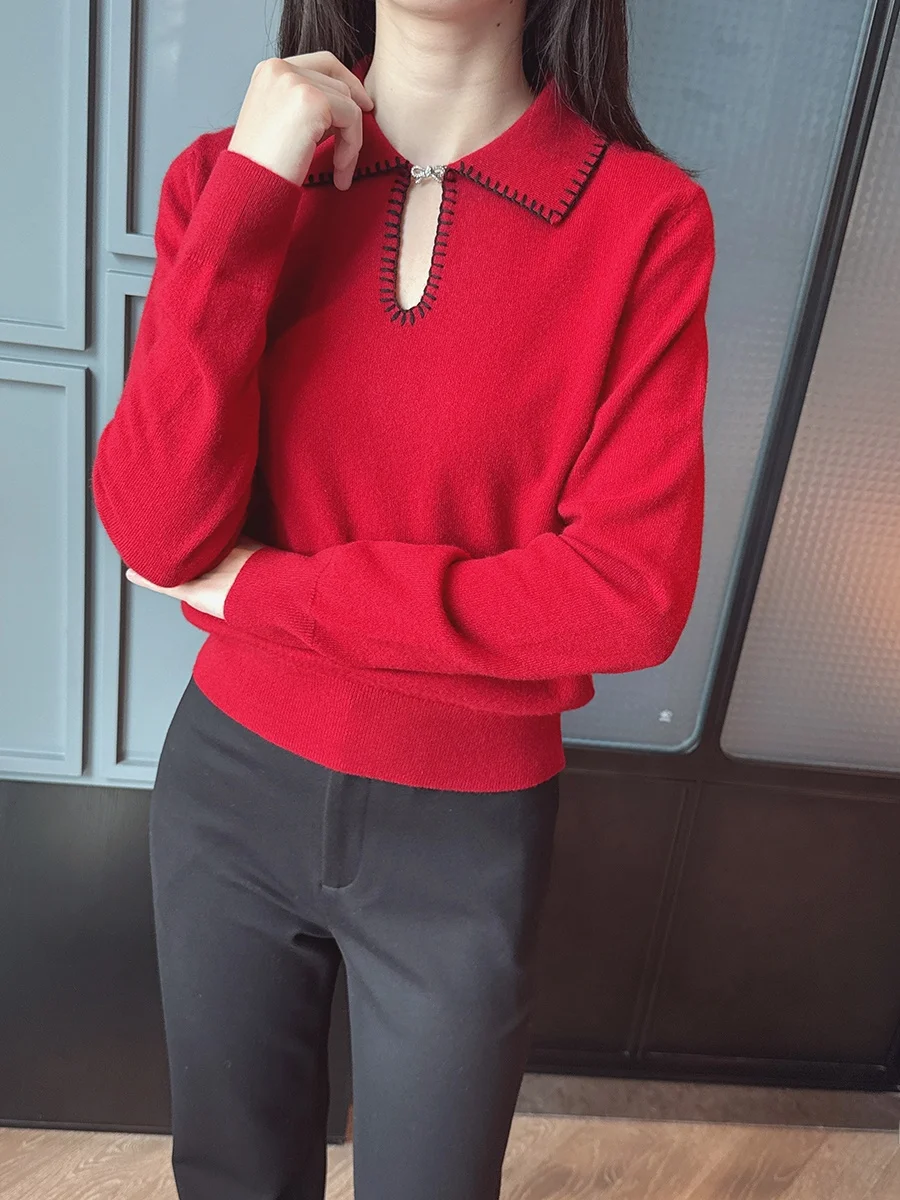 

Стильный вязаный свитер с длинными рукавами и узлом на горловине, 100% кашемир, для женщин, стандартная длина