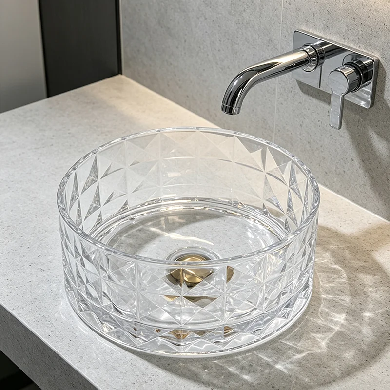 Transparent Glass Countertop Basin, with a Simple and Elegant Round Shape, Allowing Light to Penetrate and Reflect Dynamic Shadows, Creating a Rich Atmosphere. the Three-Dimensional Diamond Pattern Design Enhances the Layering of Light and Shadow, Making It an Ideal Choice for Modern Bathroom Fixtures, Suitable for Dressing Rooms, Vanity Tables, and Home Bathroom Sinks, and Can Be Matched with Various Decor Styles (Accessories Not Included)
