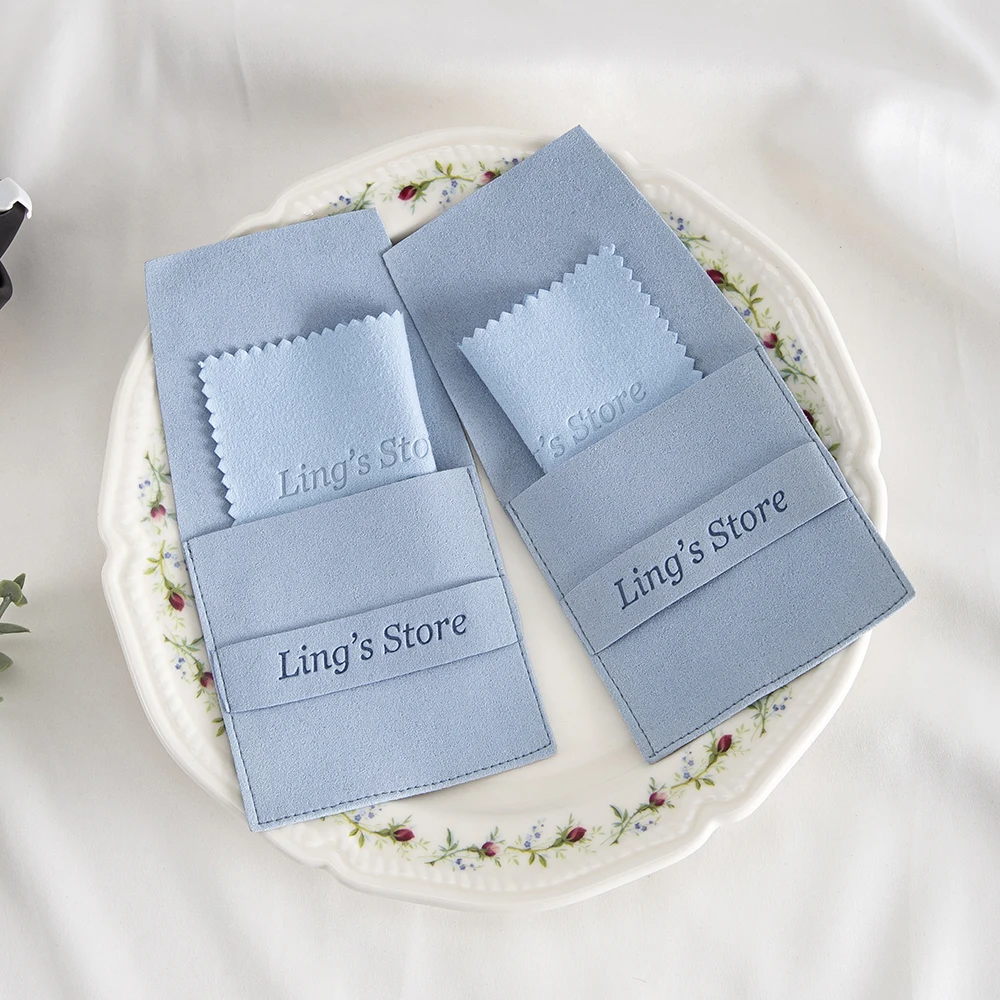 

24/50/100Set Baby Blue 8x8cm Microfiber Jewelry Velvet Bag And 8x8cm Silver Polishing Cloth Earrings Ring Pouch Can Personalized