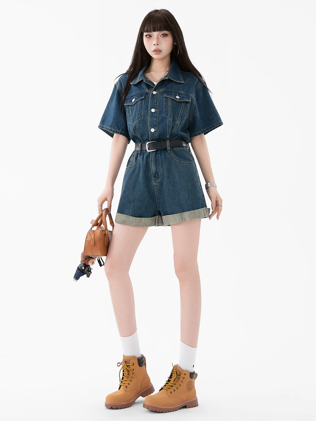 MGHG Retro High Waist Denim Jumpsuit Women's Autumn Faion Slimming ort Set Straight Leg Cotton Blend Cact Fabric