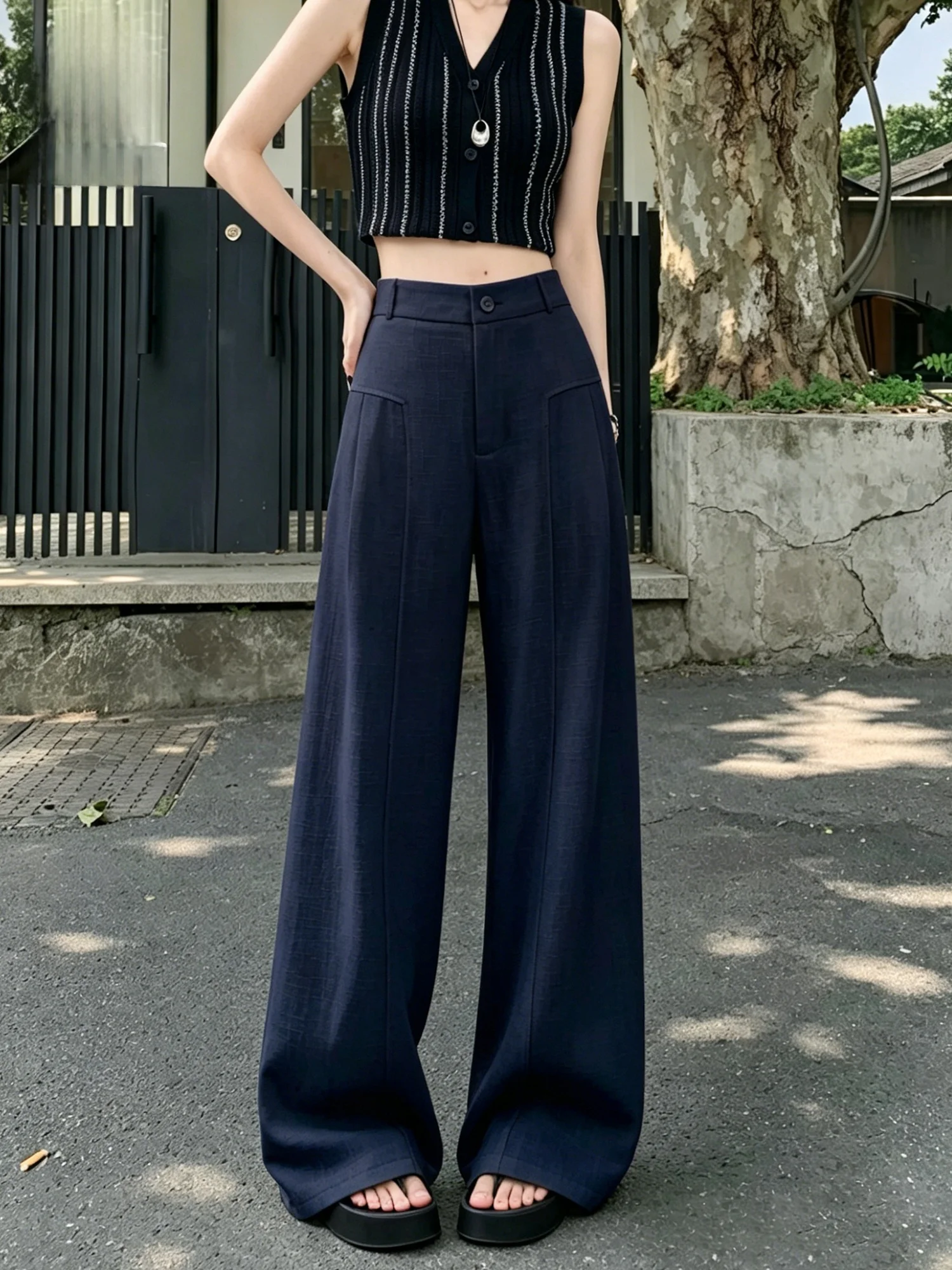 

Ladies Summer Lightweight Loose Wide Leg Pants Linen Rayon Cotton Drapey High Waist Casual Trousers Soft Comfortable Fabric