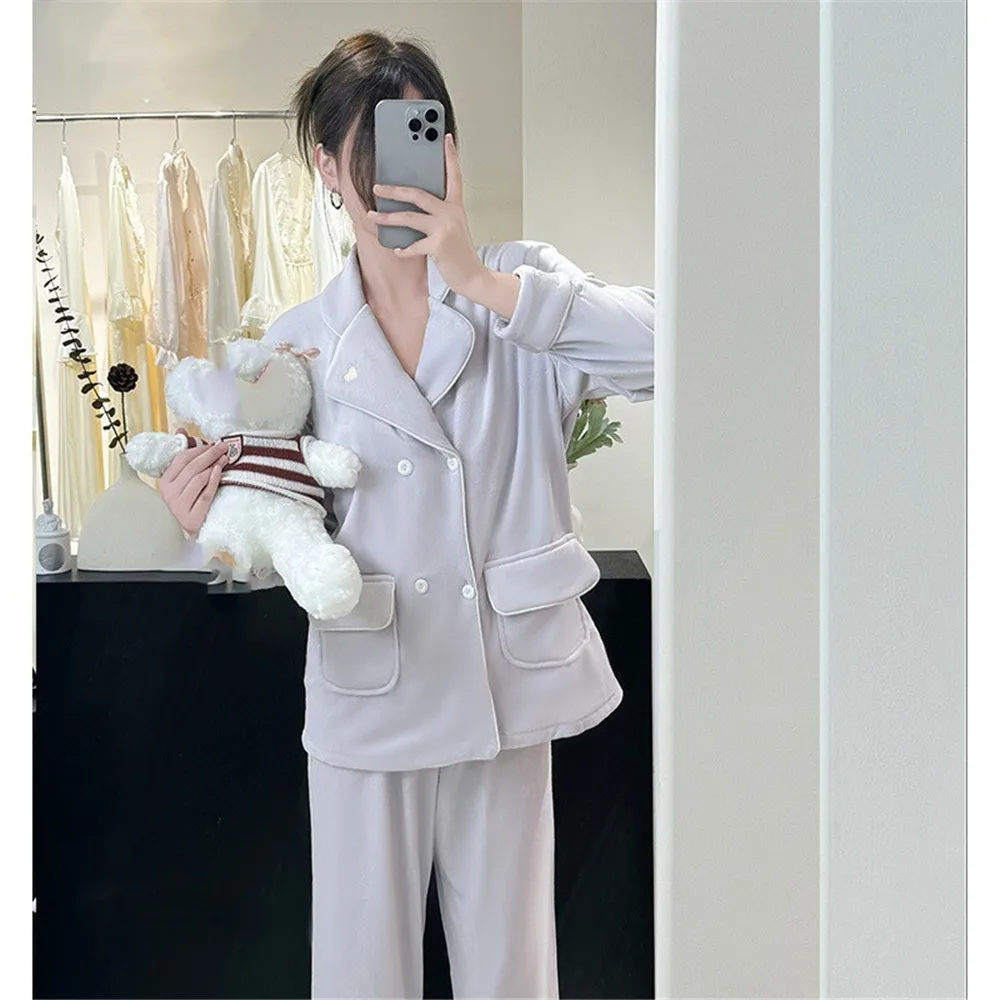 

Double-Breasted Island Velvet Long Sleeve Shirt Pants Home Clothes Set Women's Outerwear Autumn Winter Sweet Court