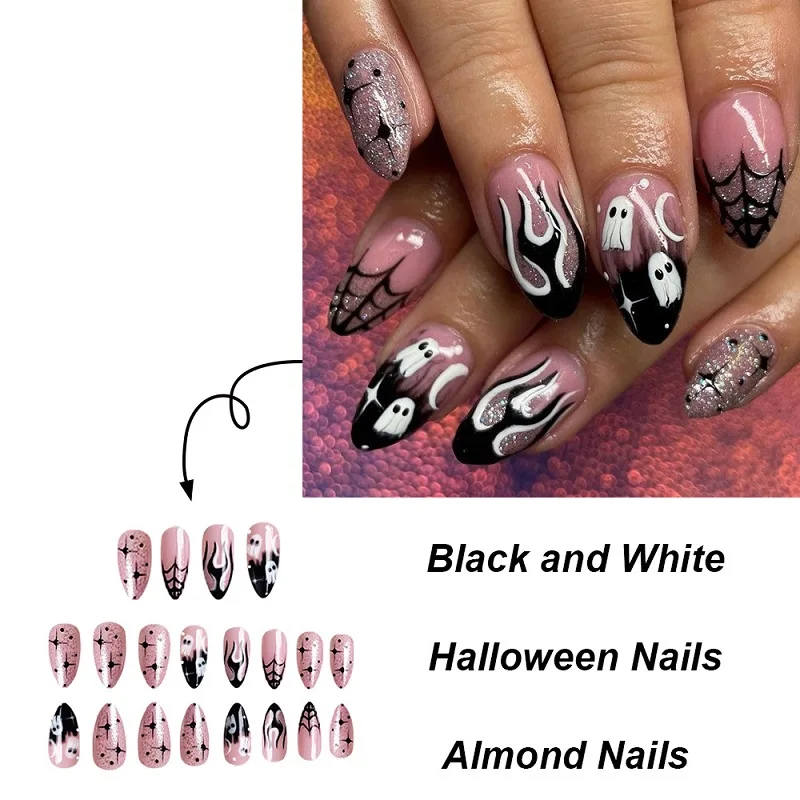 24Pcs Almond Halloween Press on Nails Full Cover French Fake Nails Cartoon Bat Spider Pattern Wearable Nails Art  Manicure Tips