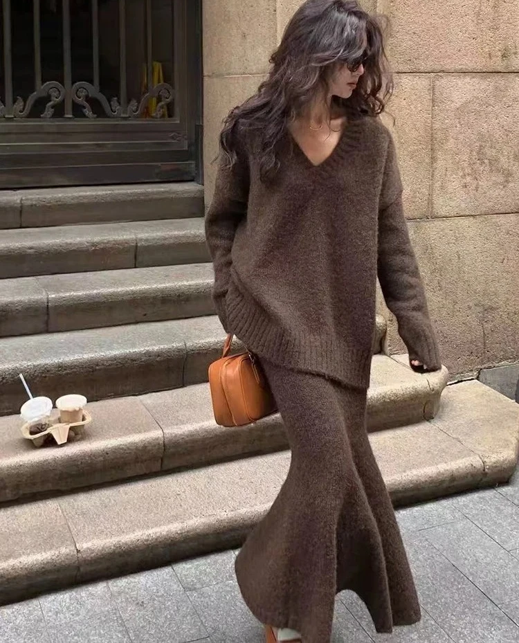 

Вязаный свитер, юбки для женщин, зимний винтажный свободный теплый пуловер, корейский корейский комплект миди с высокой талией