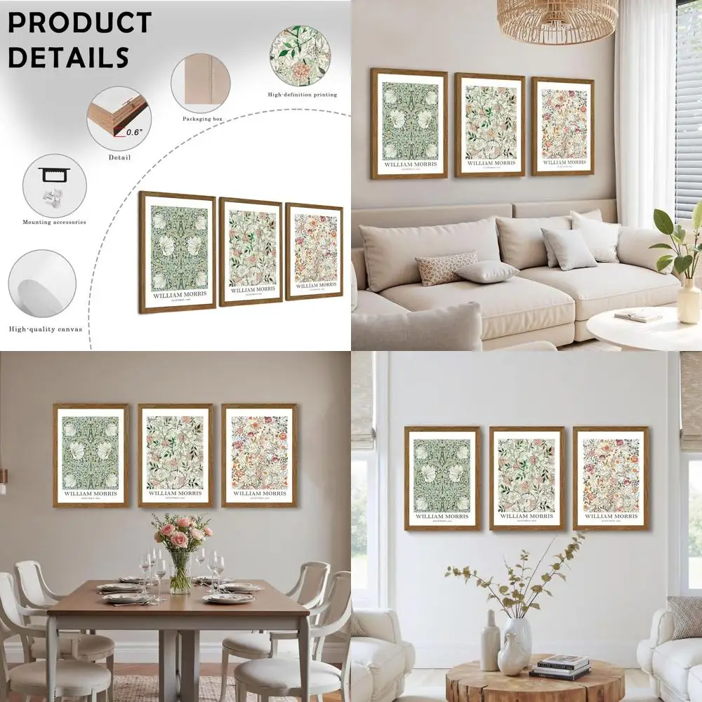 

Винтажный ботанический холст - настенный декор в рамке из трех частей, вдохновленный William Morris, для гостиной, спальни, офиса, 16x24 дюйма
