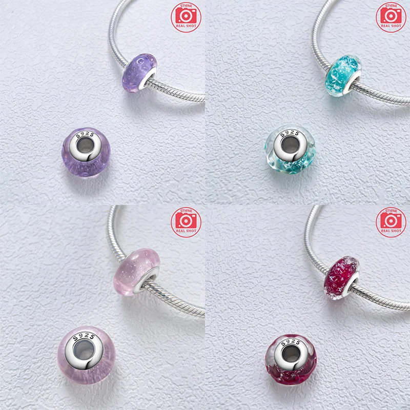 Farbige Muranoglasperlen aus 925er-Sterlingsilber, rund, glänzend, passend für Pandora-Original-Armbänder, DIY-Edelschmuck, Geschenk für Frauen – Detail 3