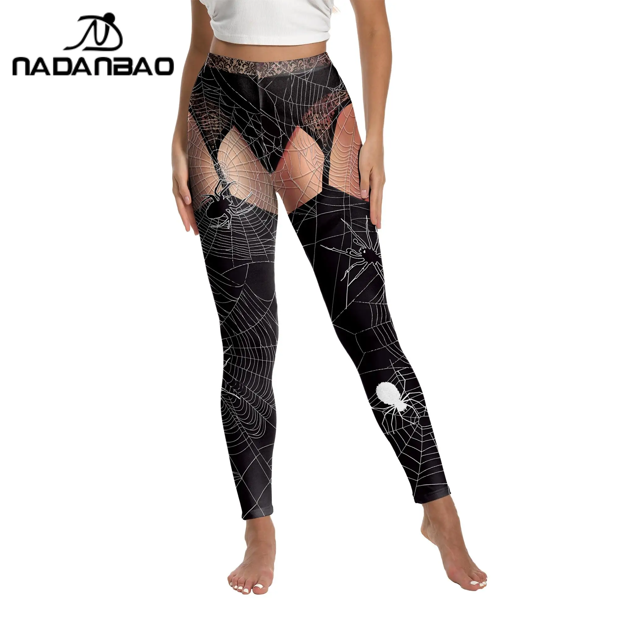 NADANBAO Halloween Spider Web Leggings per le donne collant Sexy Lady Yoga Workout Pants Party pantaloni Cosplay vita media Streetwear