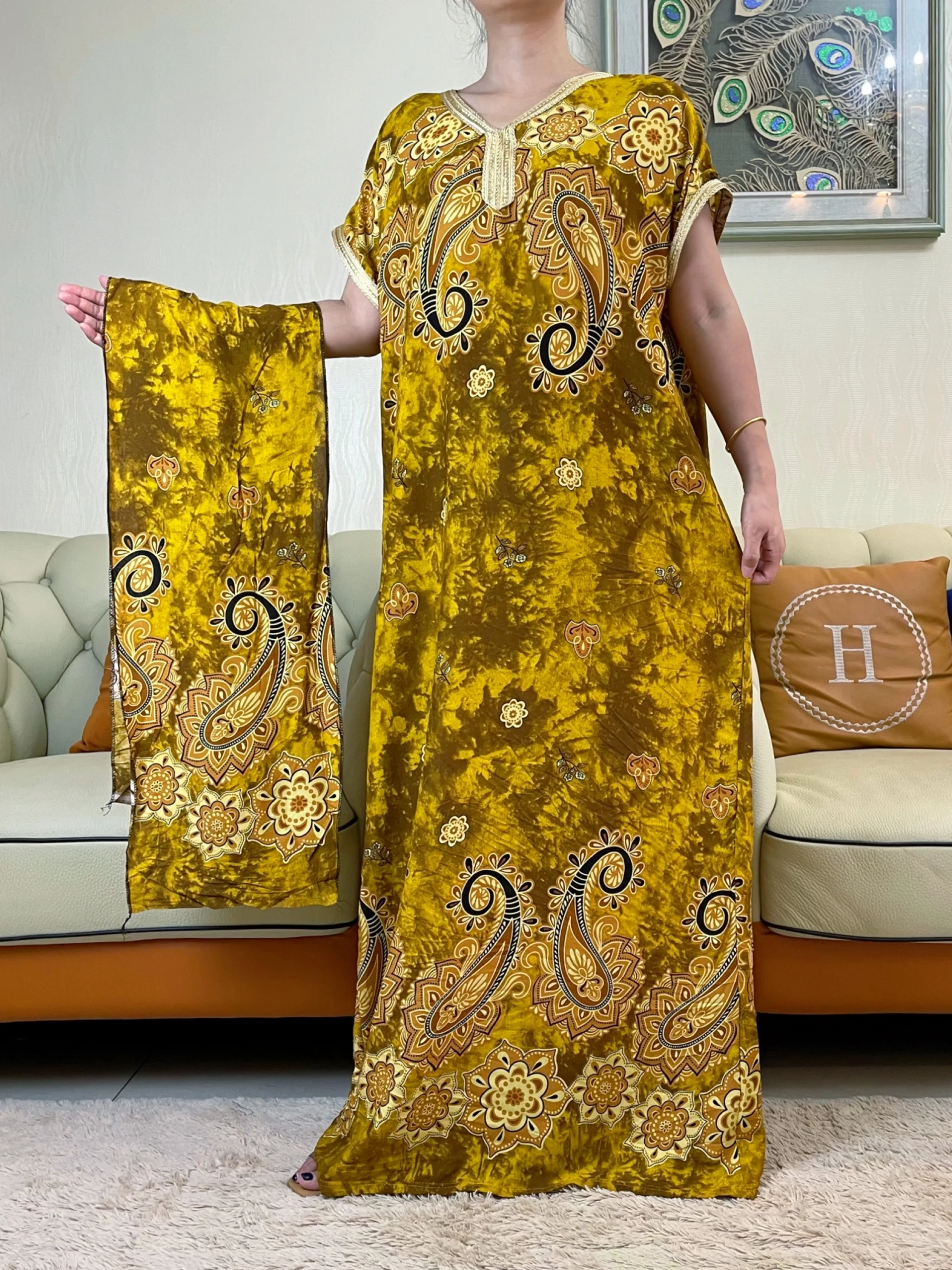 

2023 Printing Floral African-Turkey Loose Dresses With Headscarf For Women Cotton Dubai Caftan Vestidos Elegant Maxi Robe