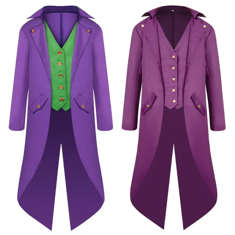 

New 2025 Medieval Joker Cosplay Costume Punk Retro Tuxedo Men Purple Coat Trench Halloween Party Dress Up Clothes