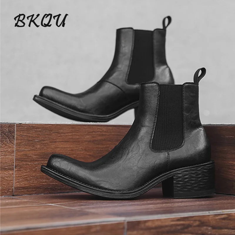 BKQU Pointy Wizard Cocked Head Chelsea Boots Casual Trend Men Autumn/Winter 2024 New Winter Plus Fleecy Ankle Boots Formal Wear