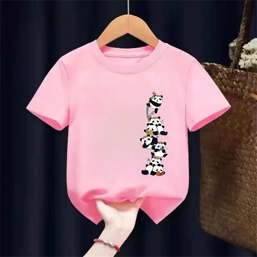 Girls' T-shirt with panda print, casual short-sleeve top with round neck for summer and spring, 100% cotton clothing