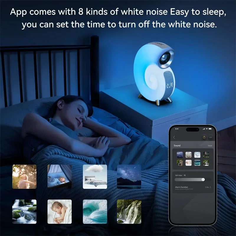 Conch Bluetooth Speaker Alarm Clock APP Control RGB Atmosphere Sleep Aid Night Light Theater for Iphone 15 14 Samsung Soundbar