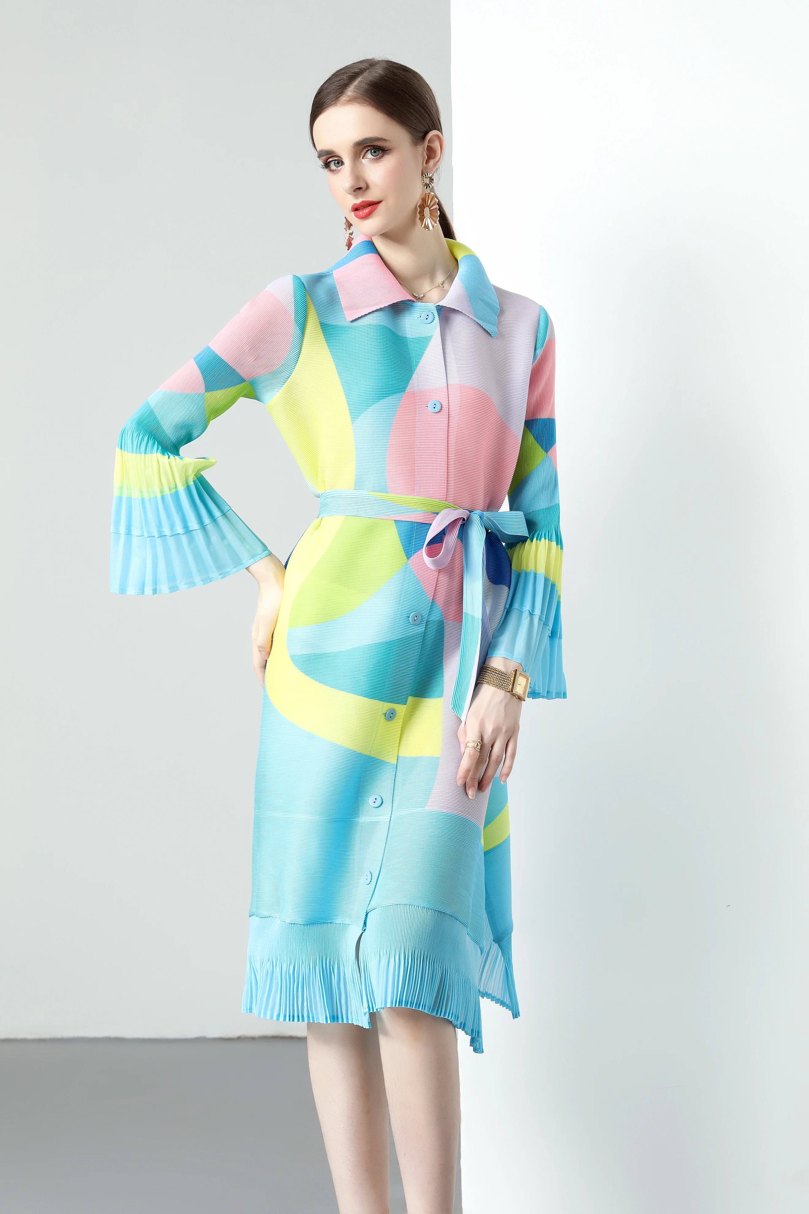 2 Colors Optional Spring and Autumn Miyake Pleated Loose A-line Skirt Trumpet Sleeve Single-breasted Ladies Long-sleeved Dress