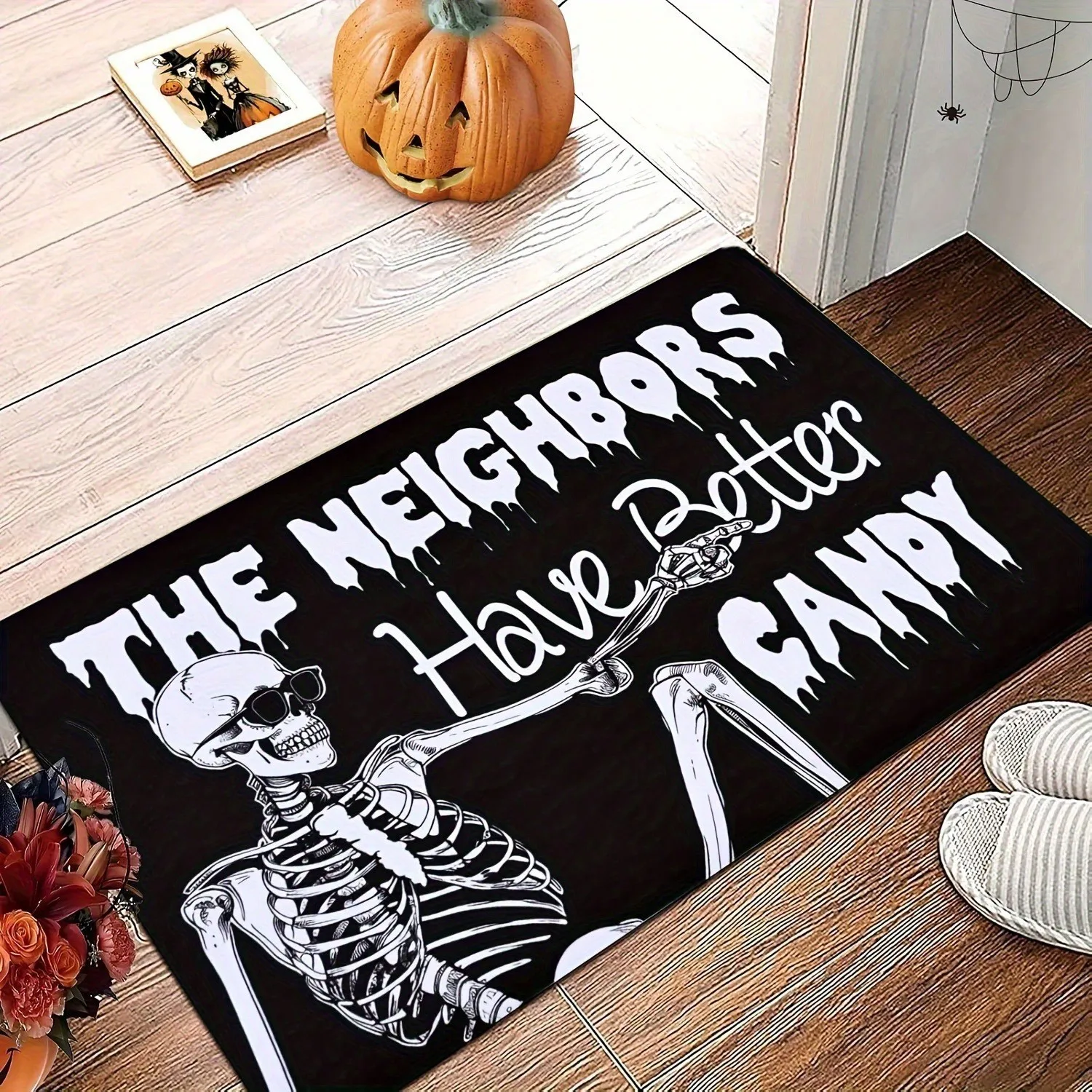 A Halloween Doormat Featuring A Skeleton Welcome Design For Outdoor Entry, With A Fun Message About Better Candy From Neighbors, Non-Slip For Indoor And Outdoor