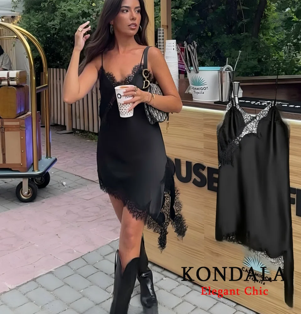 Kondala senhora y2k renda halter vestido de cetim assimétrico mini vestido 2025 primavera outono moda high street namoro quente-sexy senhora vestido